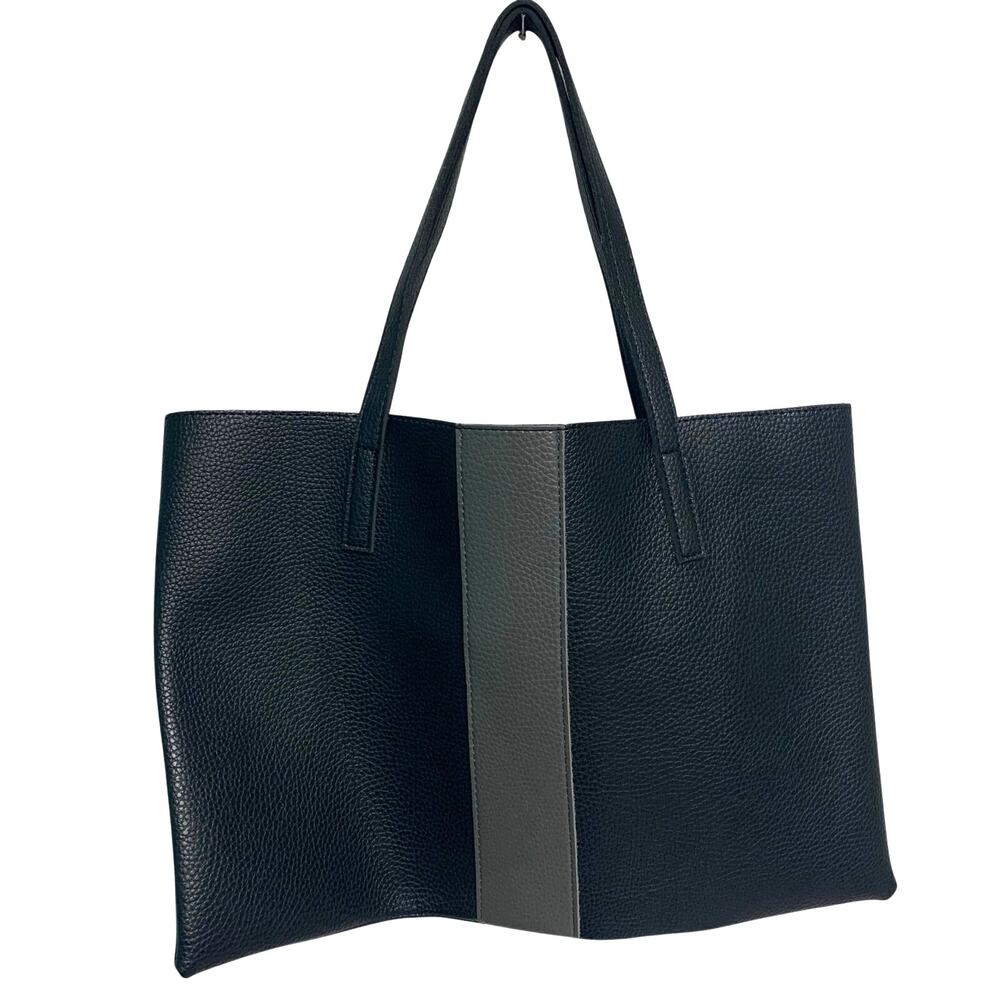 Vince Camuto Black Pebbled Vegan Leather Gray Stripe Tote Bag
